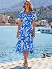 Sosandar Blue Floral Print Ruffle Hem Wrap Dress - Image 3 of 5