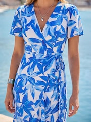 Sosandar Blue Floral Print Ruffle Hem Wrap Dress - Image 4 of 5