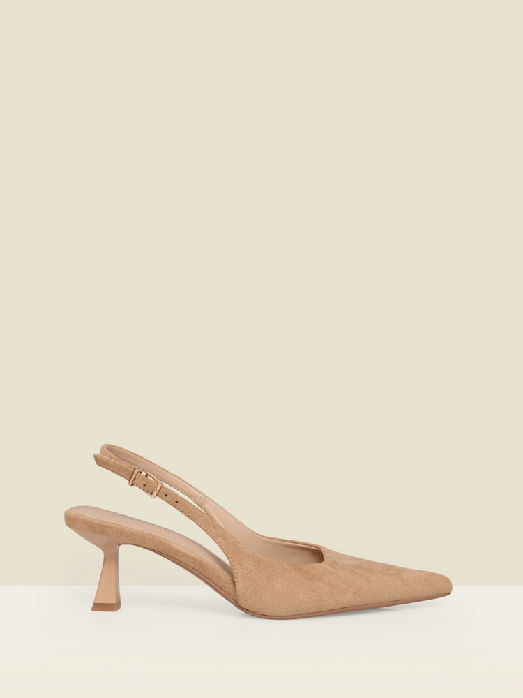 Sosandar Brown Faux Suede Slingback Low Flared Heel Court Shoes - Image 1 of 5