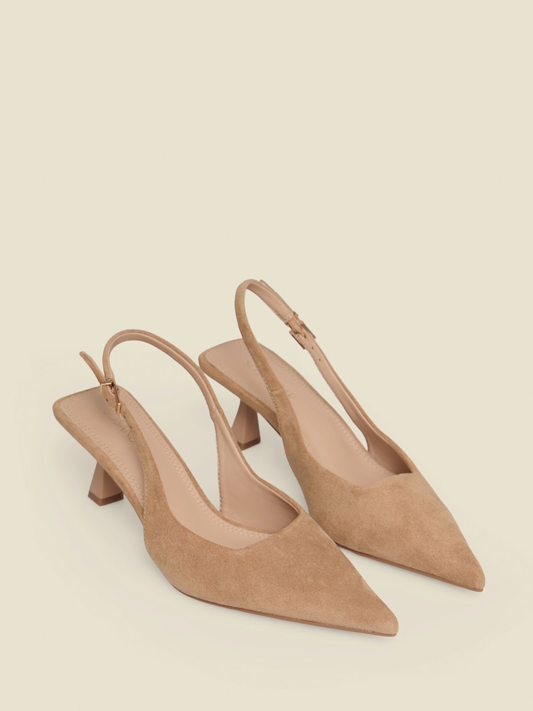 Sosandar Brown Faux Suede Slingback Low Flared Heel Court Shoes - Image 2 of 5