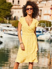 Sosandar Yellow Frill Sleeve Wrap Dress - Image 2 of 5