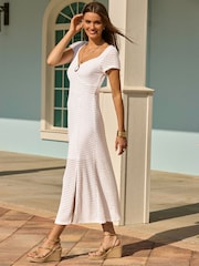 Sosandar White Crochet Trim Detail Fit & Flare Midi Dress - Image 2 of 5