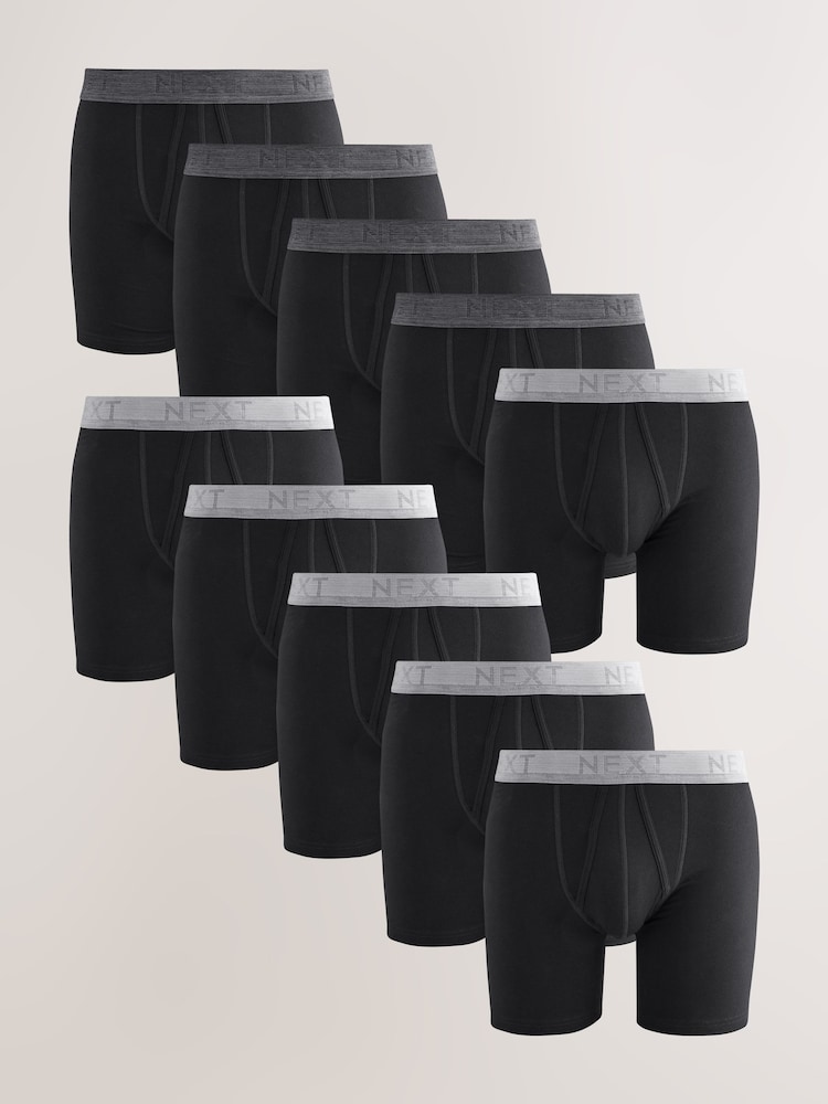 Black Grey Waistband A-Front Cotton Rich Boxers 10 Pack - Image 1 of 14 Black Grey Waistband A-Front Cotton Rich Boxers 10 Pack - Image 1 of 14