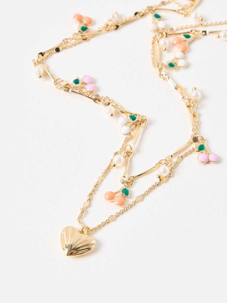 Oliver Bonas Gold Tone Molly Multi Cherry Charm Double Row Heart Pendant Necklace - Image 1 of 4