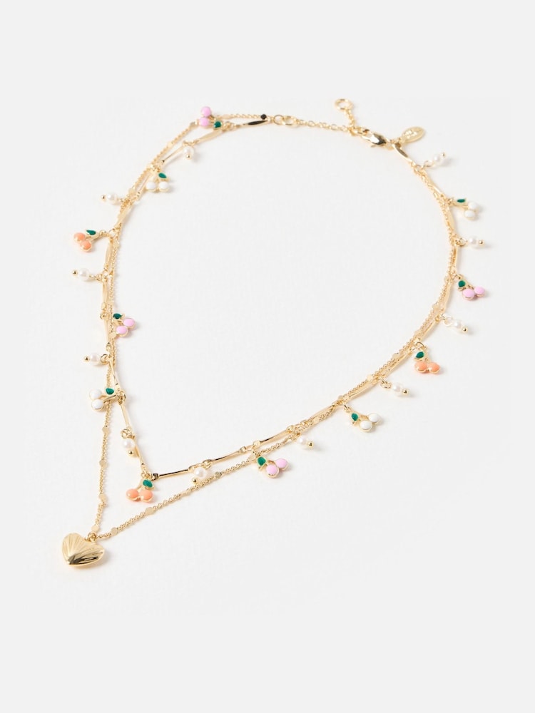 Oliver Bonas Gold Tone Molly Multi Cherry Charm Double Row Heart Pendant Necklace - Image 2 of 4