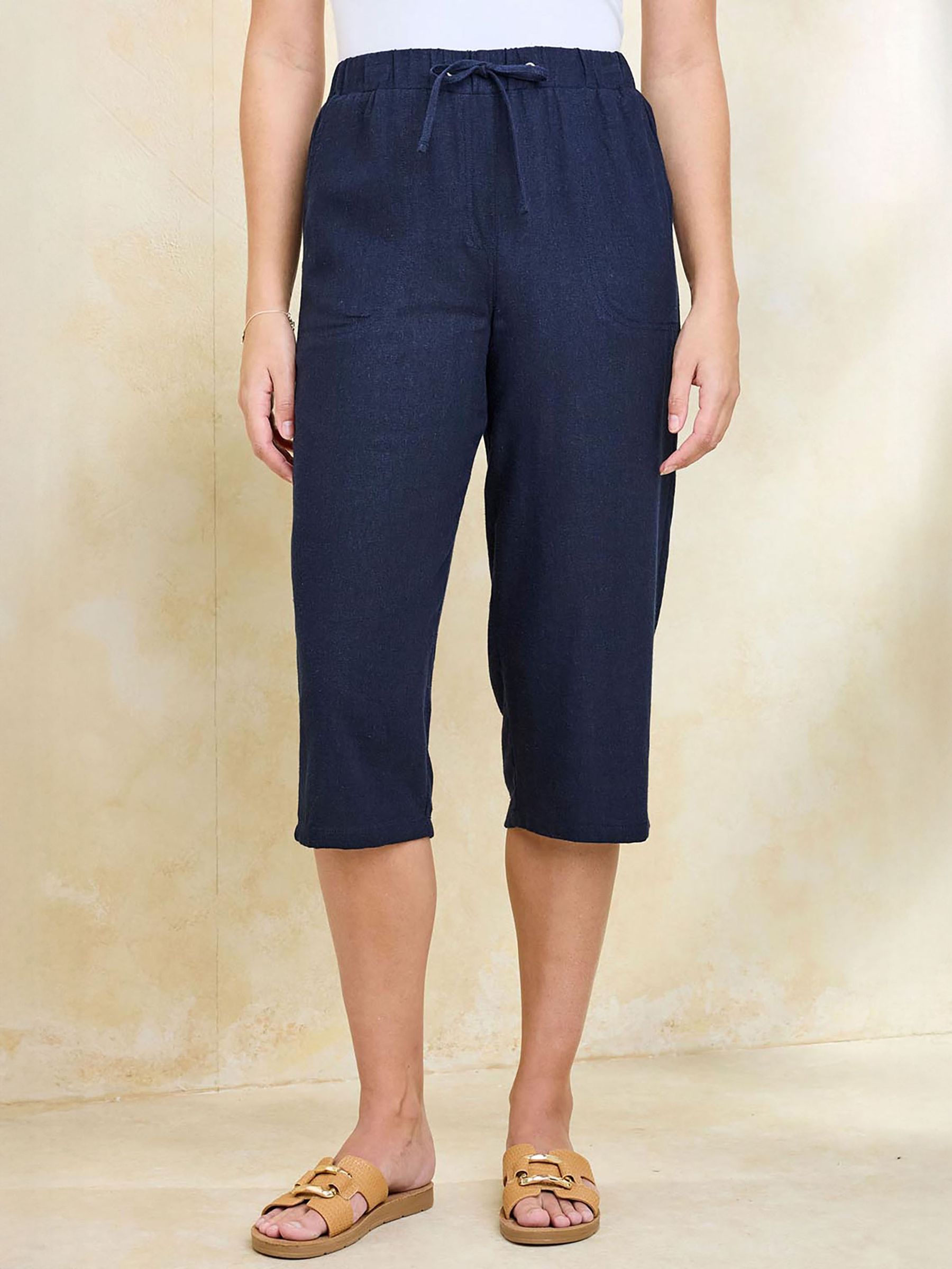 Cotton Traders Women's Navy Blue Linen Blend Relaxed Fit Cropped Trousers