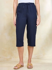 Cotton Traders Blue Linen Blend Relaxed Fit Cropped Trousers - Image 1 of 3