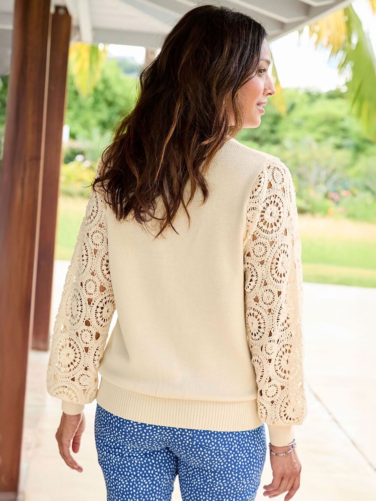 Cotton Traders Cream Lace Knit Sleeve Jumper - Image 3 of 3 Cotton Traders Cream Lace Knit Sleeve Jumper - Image 3 of 3