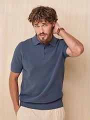 Cotton Traders Blue Signature Textured Knitted Polo Shirt - Image 2 of 4