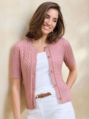 Cotton Traders Pink Short Sleeve Cable Cardigan - Image 2 of 4