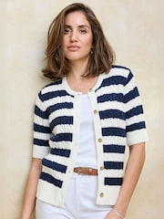Cotton Traders White Short Sleeve Stripe Cable Cardigan - Image 2 of 4