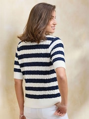 Cotton Traders White Short Sleeve Stripe Cable Cardigan - Image 3 of 4