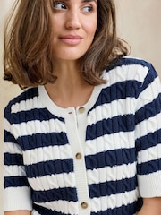 Cotton Traders White Short Sleeve Stripe Cable Cardigan - Image 4 of 4