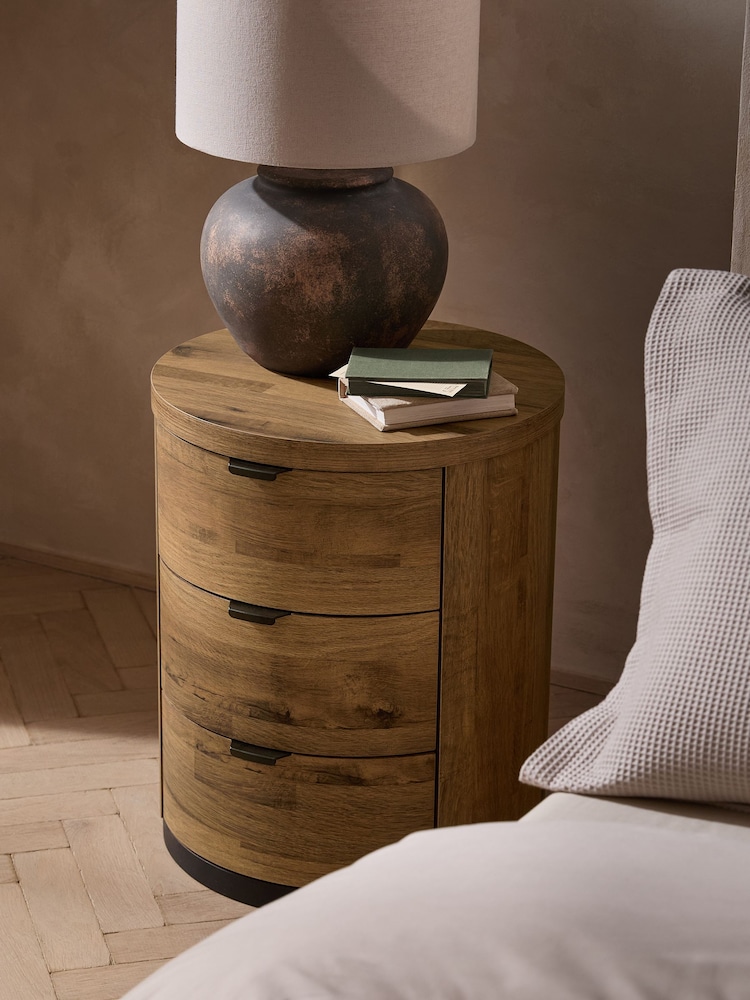 Dark Natural Bronx Oak Effect 3 Drawer Round Bedside Table - Image 2 of 8