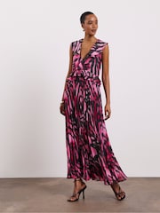 Joanna Hope Pink Ruffle Pleated Dress with Metallic Stripes - Image 1 of 4