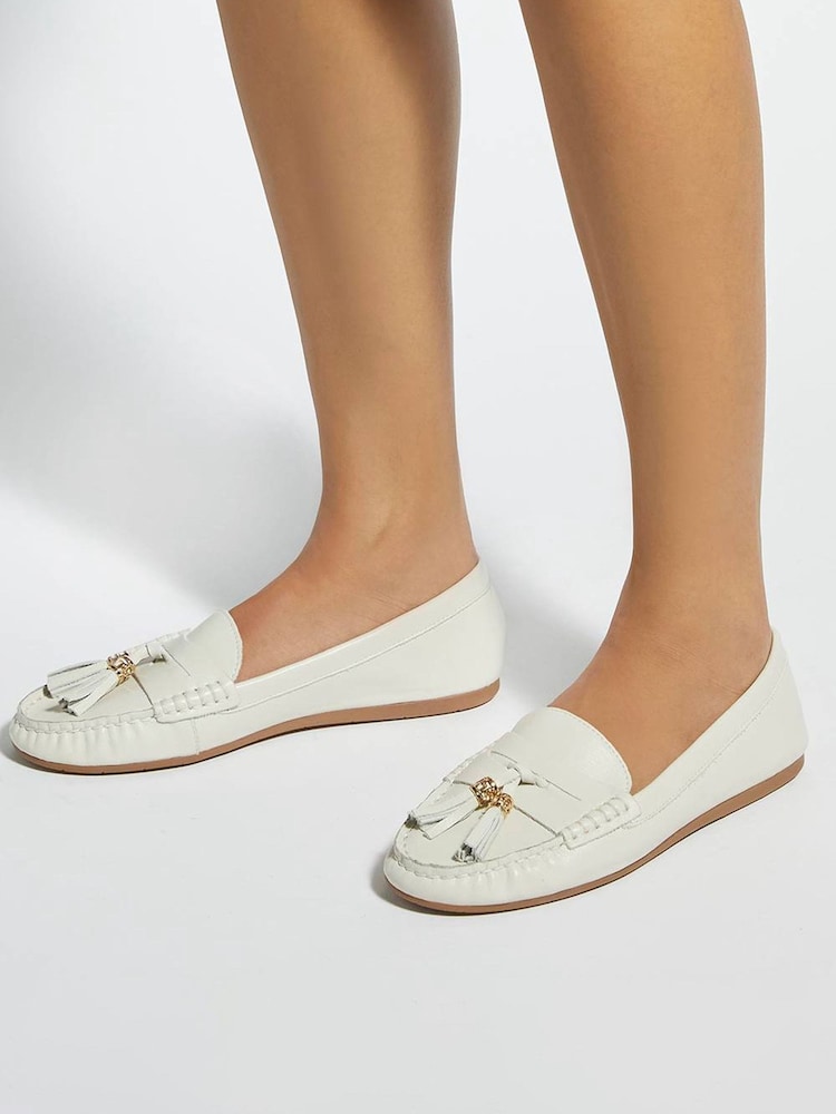 Dune London White Standard Fit Leather Tassle Detail Soft Loafers - Image 1 of 6 Dune London White Standard Fit Leather Tassle Detail Soft Loafers - Image 1 of 6