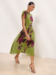 Lipsy Olive Green Petite Floral Print Fit And Flare Midi Dress - Image 2 of 6