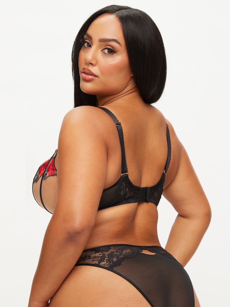 Ann Summers Black Caged Rose Floral Embroidery Non Pad DD+ Balcony Bra - Image 2 of 5