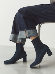 Navy Standard fit Forever Comfort® Faux Suede Round Toe Sock Ankle Boots - Image 7 of 13