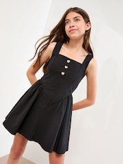 Lipsy Black Diamante Heart Button Skater Dress (7-15yrs) - Image 1 of 5