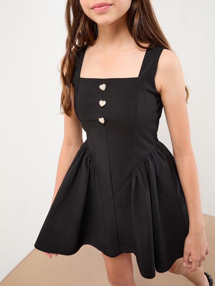 Lipsy Black Diamante Heart Button Skater Dress (7-15yrs) - Image 2 of 5