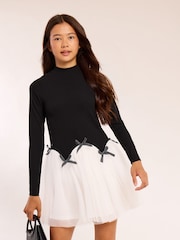 Lipsy Black/White 2-in-1 Tulle Jersey Rib Dress (5-14yrs) - Image 1 of 5