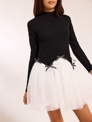 Lipsy Black/White 2-in-1 Tulle Jersey Rib Dress (5-14yrs) - Image 2 of 5