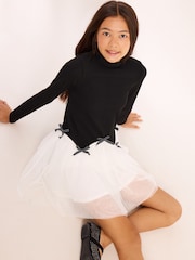 Lipsy Black/White 2-in-1 Tulle Jersey Rib Dress (5-14yrs) - Image 4 of 5
