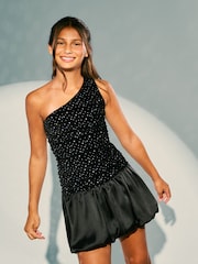 Lipsy Black Teen Sparkle One Shoulder Party Dress (10-16yrs) - Image 4 of 6