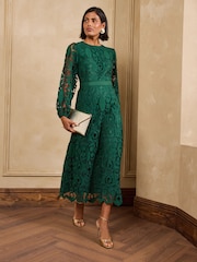 Love & Roses Green Long Sleeve Lace Midi Dress - Image 1 of 6