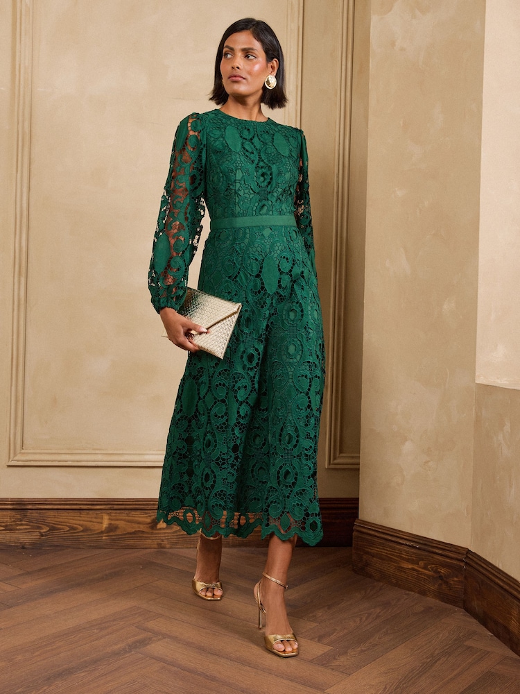 Love & Roses Green Long Sleeve Lace Midi Dress - Image 1 of 6 Love & Roses Green Long Sleeve Lace Midi Dress - Image 1 of 6