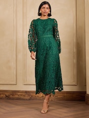 Love & Roses Green Long Sleeve Lace Midi Dress - Image 3 of 6