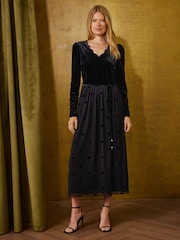 Love & Roses Velvet Mesh Hybrid Long Sleeve Midi Dress - Bilde 1 av 5