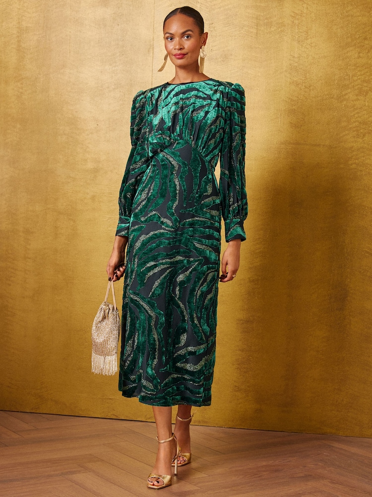 Love & Roses Green Zebra Metallic Burnout Midi Dress - Image 1 of 4