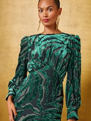 Love & Roses Green Zebra Metallic Burnout Midi Dress - Image 2 of 4
