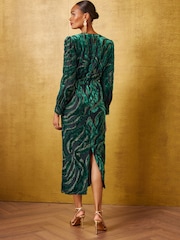 Love & Roses Green Zebra Metallic Burnout Midi Dress - Image 3 of 4