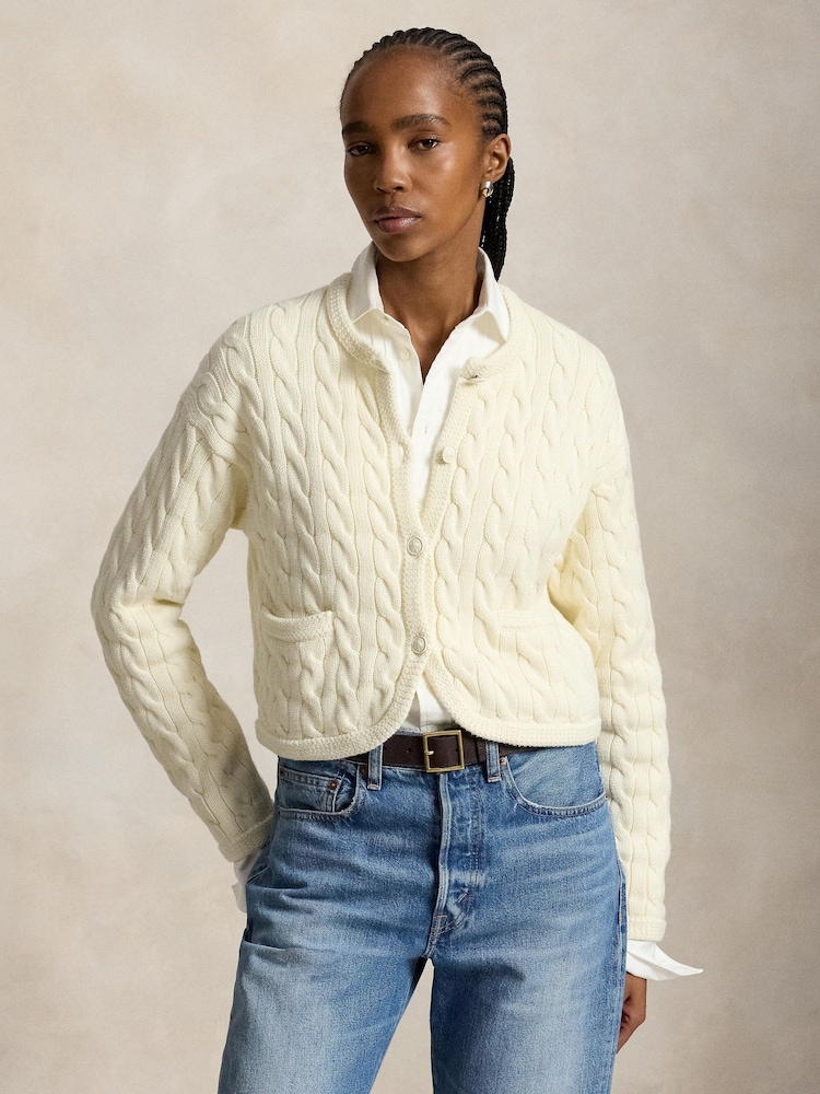 Polo Ralph Lauren Cream Rounded Nkit  Hem Cropped Cardigan - Image 1 of 4