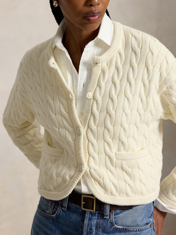 Polo Ralph Lauren Cream Rounded Nkit  Hem Cropped Cardigan - Image 2 of 4