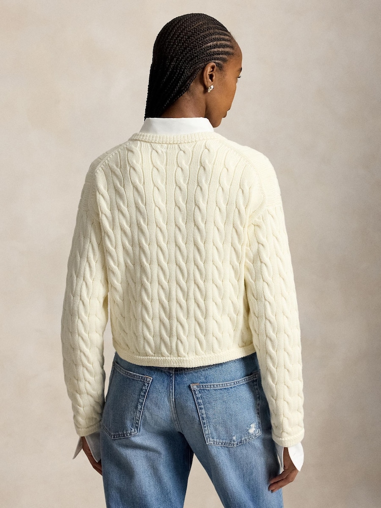 Polo Ralph Lauren Cream Rounded Nkit  Hem Cropped Cardigan - Image 4 of 4