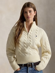Polo Ralph Lauren Cream Cable Knit Quarter Zip Funnel Neck Sweater - Image 1 of 7
