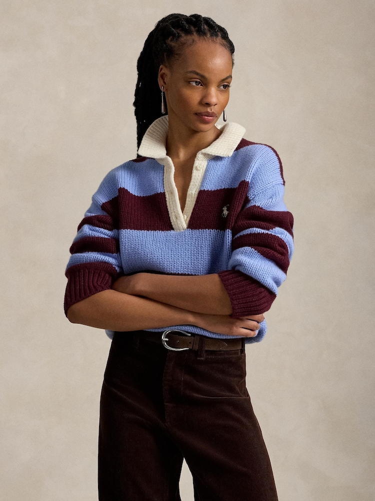 Polo Ralph Lauren Blue Heavy Knit Striped Rugby Jumper - Image 1 of 4