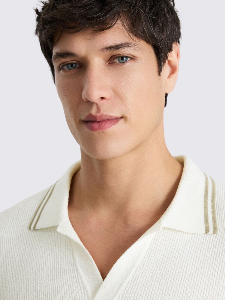 MOSS White Ribbed Bouclé Skipper Polo Shirt - Image 3 of 3 MOSS White Ribbed Bouclé Skipper Polo Shirt - Image 3 of 3