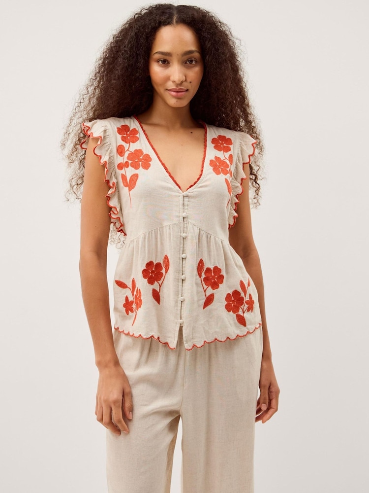 Monsoon Natural Rhea Embroidered Linen Blend Top - Image 1 of 5