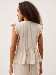 Monsoon Natural Rhea Embroidered Linen Blend Top - Image 2 of 5