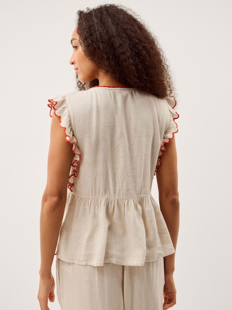 Monsoon Natural Rhea Embroidered Linen Blend Top - Image 2 of 5