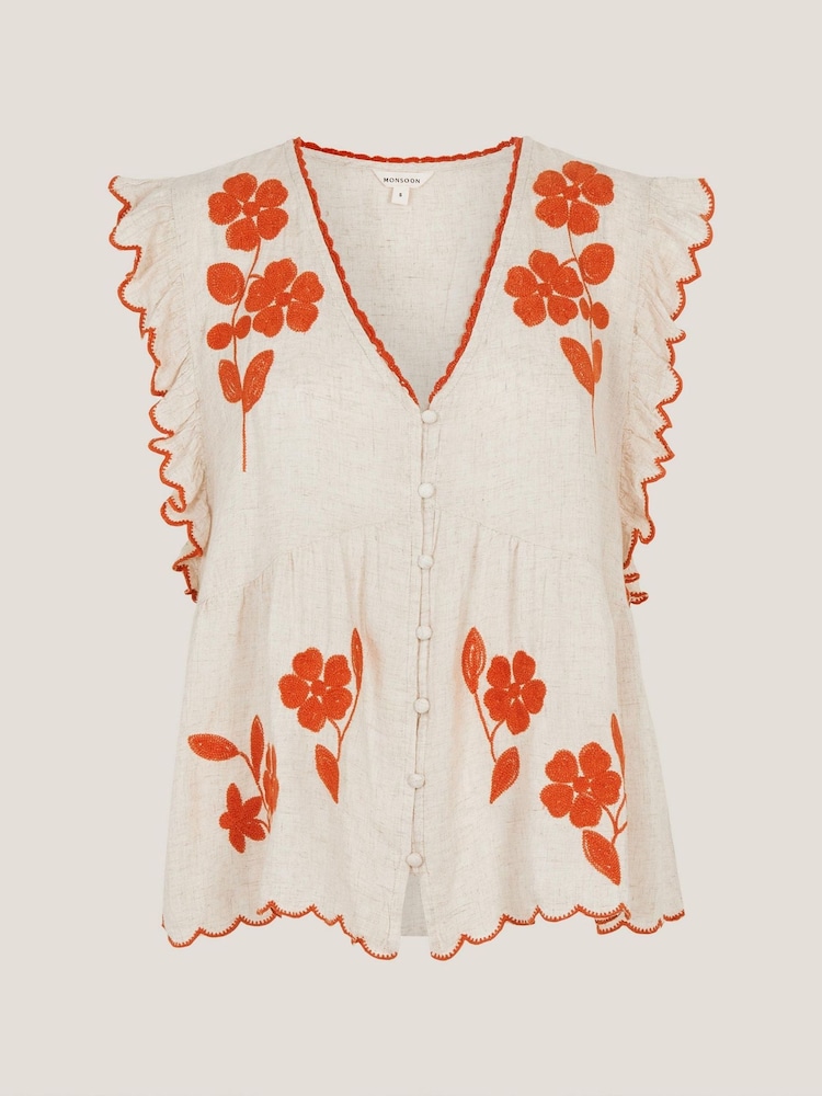 Monsoon Natural Rhea Embroidered Linen Blend Top - Image 5 of 5