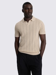 Natural - MOSS Linen Blend Pointelle Skipper Polo Shirt - Imagen 1 de 4