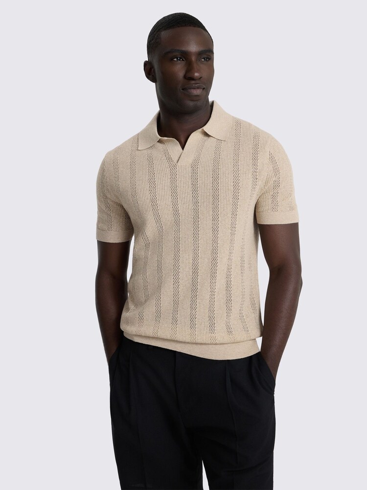 Natural - MOSS Linen Blend Pointelle Skipper Polo Shirt - Imagen 1 de 4