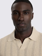 Natural - MOSS Linen Blend Pointelle Skipper Polo Shirt - Imagen 3 de 4