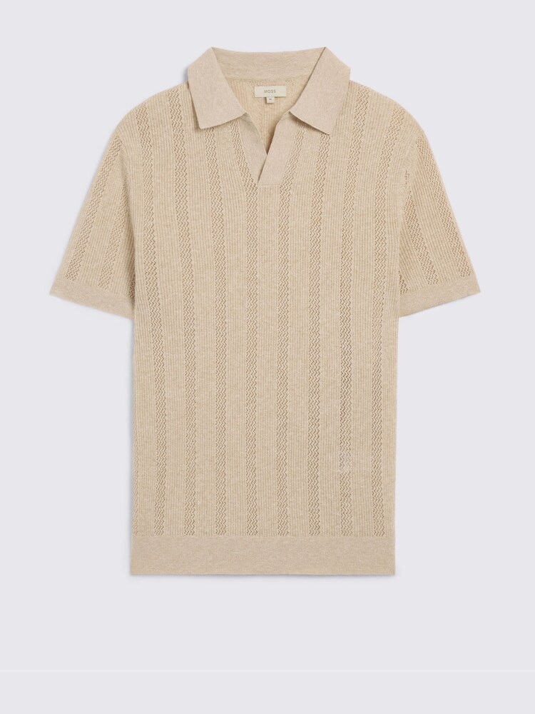 Natural - MOSS Linen Blend Pointelle Skipper Polo Shirt - Imagen 4 de 4